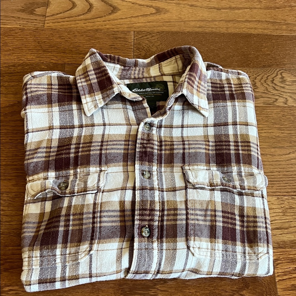 Eddie Bauer large brown plaid 100% cotton long sleeve button down flannel